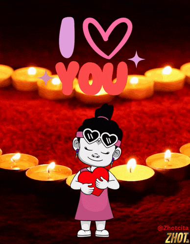 a cartoon girl is holding a heart in front of candles and the words " i love you "