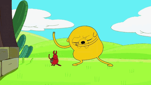 a cartoon character is dancing in a field with a smaller character