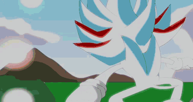 a cartoon character is standing in a field with mountains in the background and a blue sky .