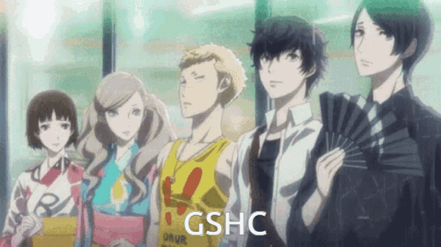 a group of anime characters are standing next to each other with gshc written in the corner