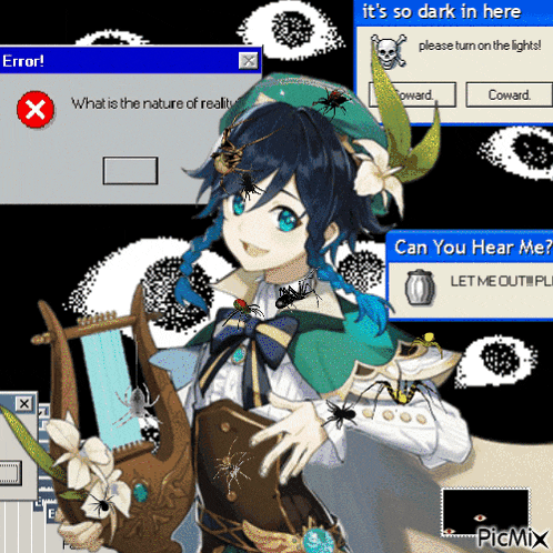 a girl with spiders on her hair is holding a lyre in front of an error message