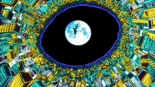 a colorful drawing of a city with a person flying through the air