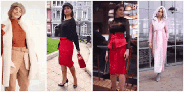 a woman in a red skirt is standing in a collage of four photos