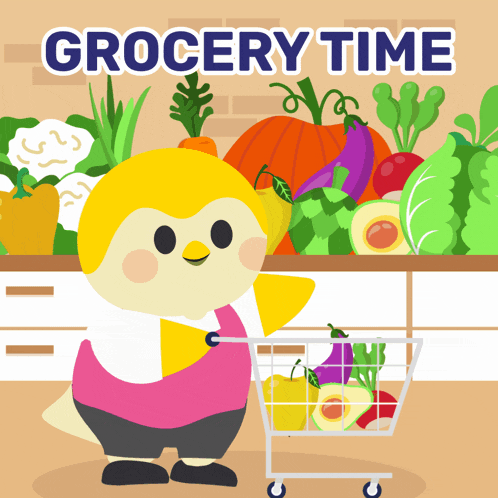 an advertisement for grocery time with a bird pushing a cart