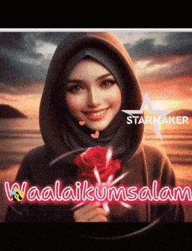 a woman in a hijab is holding a red rose with the words waalaikumsalam written on it