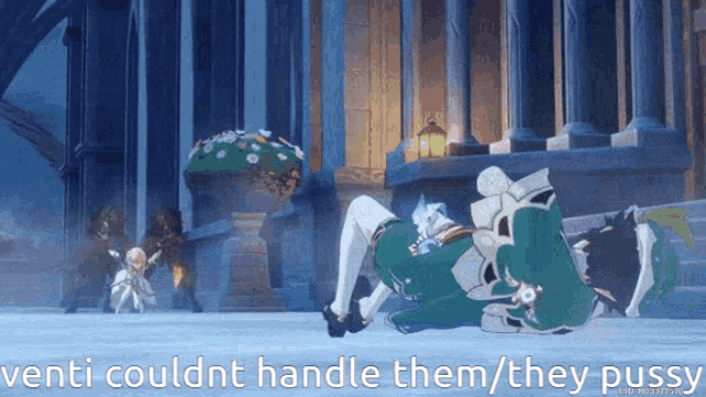 a video game character is laying on the floor with the words venti couldnt handle them they pussy