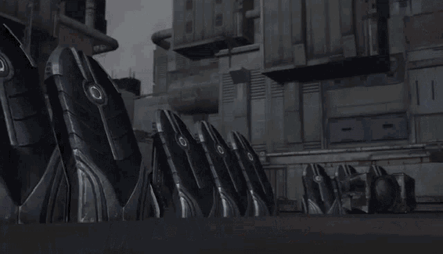 a group of robots are standing next to each other in a video game