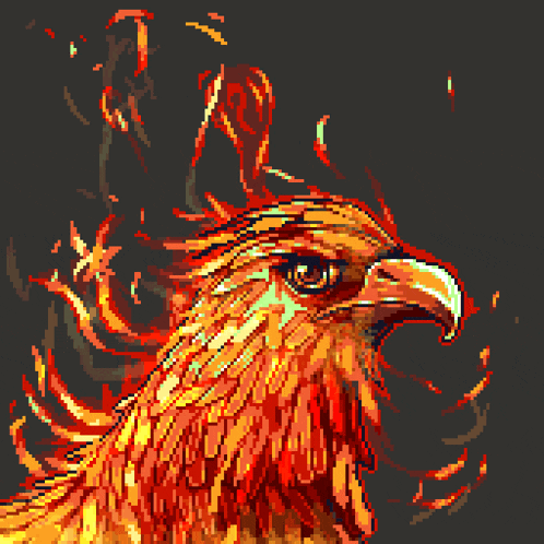 a pixel art drawing of a bird with flames coming out of its head