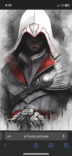 a phone screen shows a painting of a man in a hood and says 9:39
