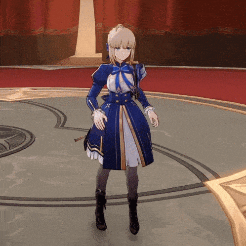 a video game character in a blue and gold dress