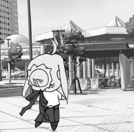 a black and white drawing of a cartoon character walking down a sidewalk