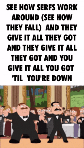 two cartoon characters are dancing in front of a crowd and a caption that says see how serifs work around