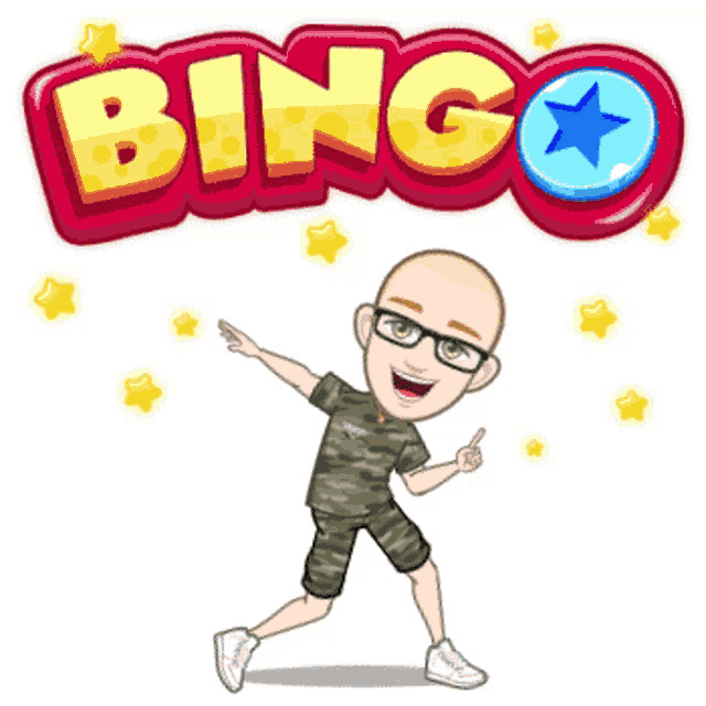 a cartoon of a man dancing in front of a sign that says bingo