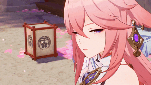 a girl with pink hair is standing next to a lantern with a symbol on it