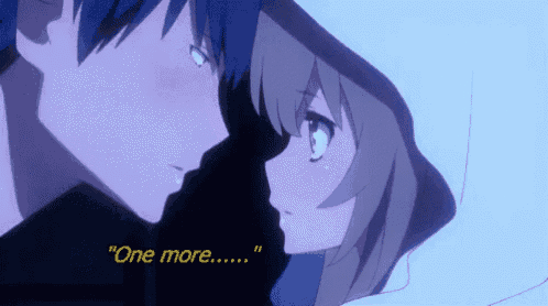 a man and a woman are kissing with the words " one more " written below them