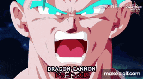 a close up of a person 's face with the words dragon cannon below it