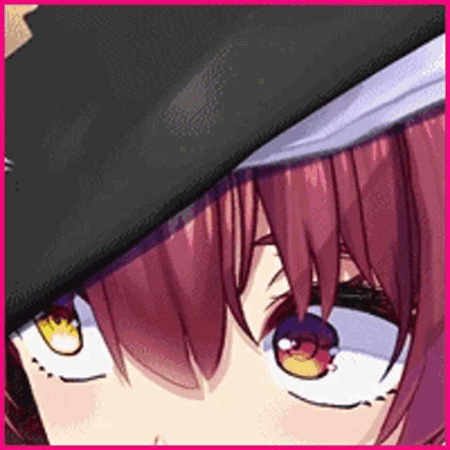 a close up of a girl 's face wearing a hat and purple hair .