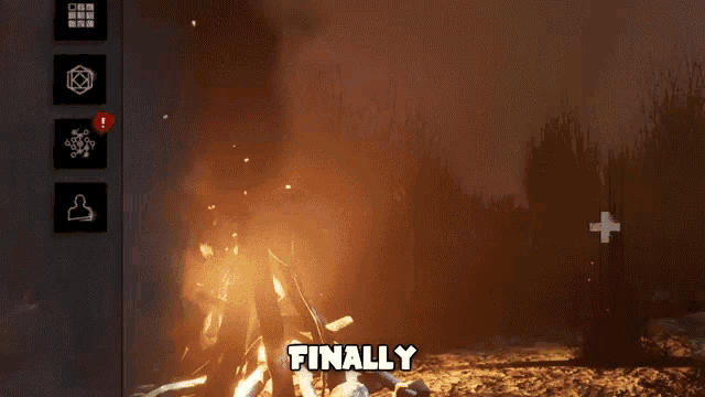 a screenshot of a video game shows a fire and the words finally