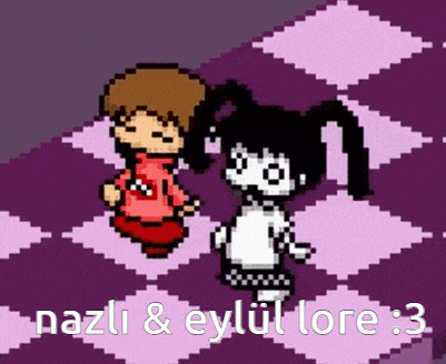 a pixel art of a boy and a girl with the words nazli & eylul lore : 3