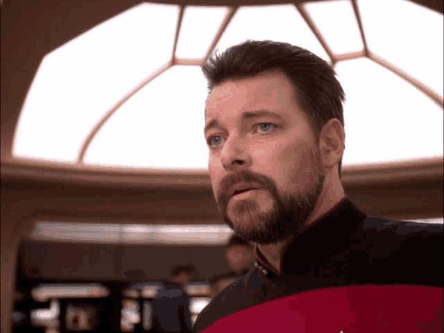 a man with a beard is wearing a red and black shirt