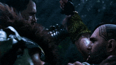 a man with a tattoo on his head is holding a knife to another man 's face