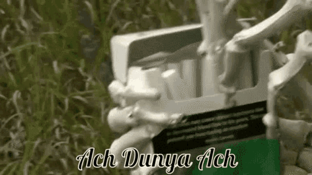 a skeleton is holding a pack of cigarettes with the words ach dunia ach written on it .
