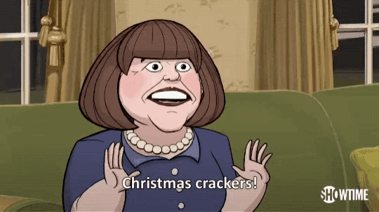 a cartoon woman says christmas crackers in a showtime ad