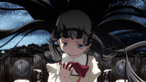 a girl with long black hair is standing in front of a clock tower