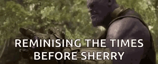 thanos from avengers infinity war is holding a glove in his hand and says `` reminding the times before sherry ''