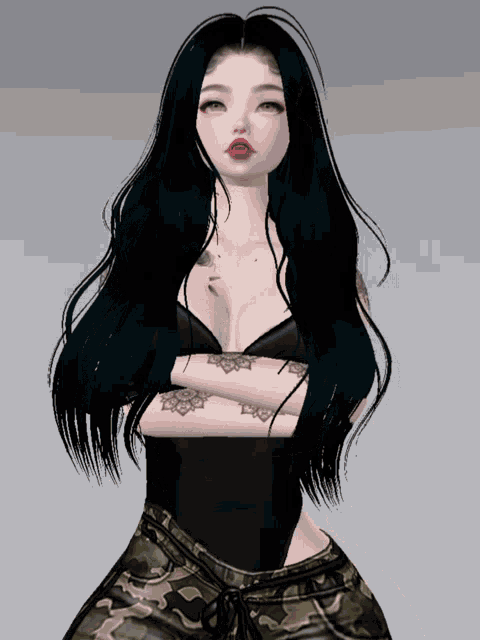 a girl with black hair and red lips is wearing a black top and camo shorts