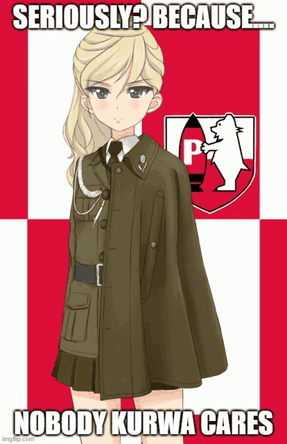 a picture of a girl in a military uniform with the caption " seriously because... nobody kurwa cares "
