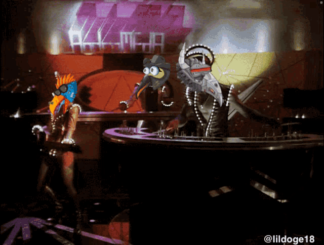 two cartoon characters are playing music in front of a sign that says ' all night '