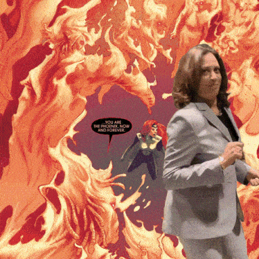 a woman in a suit is standing in front of a comic book cover that says you are the phoenix now and forever