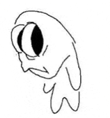a black and white drawing of a cartoon character 's face with big eyes .