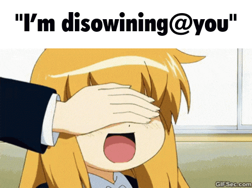 a cartoon of a girl covering her eyes with her hand and the words " i 'm disowinning @ you "