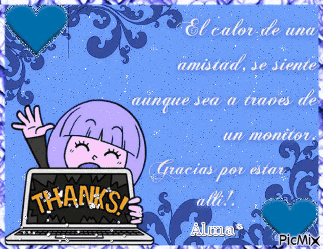 a cartoon girl holding a laptop with the words thanks written on it