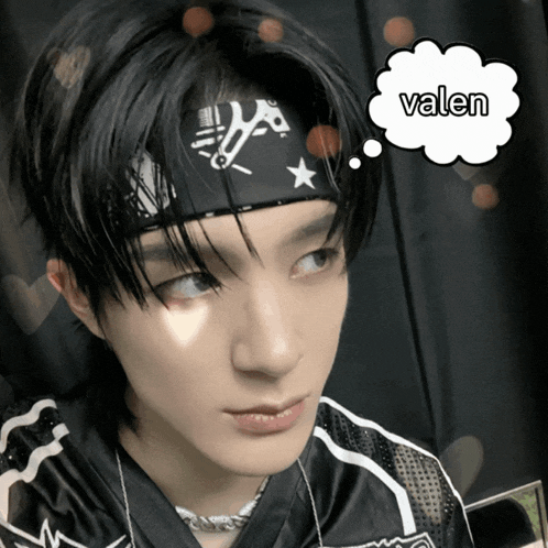 a person wearing a headband and a speech bubble that says valen