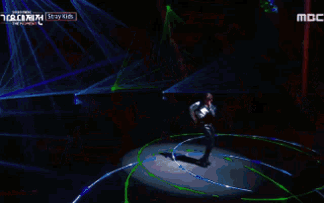 a man in a white shirt is dancing on a stage in front of a fence that says mbc on the bottom