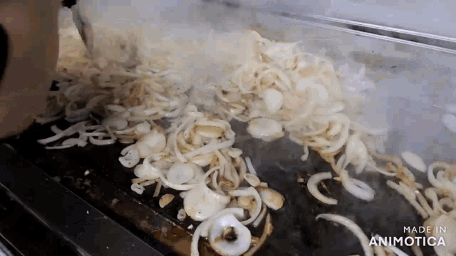 a person is cooking onions on a grill with the words made in animatica visible
