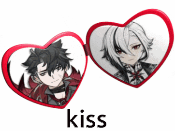 a heart shaped mirror with two anime characters inside of it and the word kiss below them