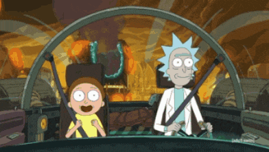 two cartoon characters rick and morty are sitting in a car with their seat belts on