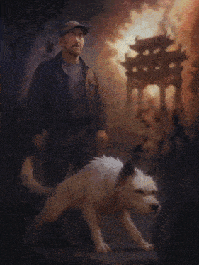 a painting of a man walking a dog