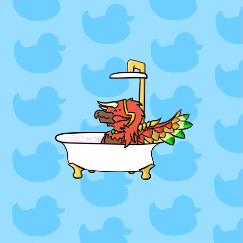a cartoon drawing of a bird taking a bath with a hair dryer