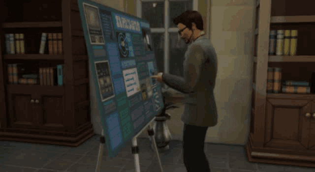 a man stands in front of a board that says research on it