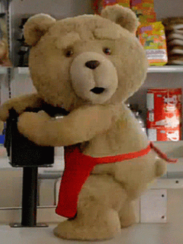 a teddy bear wearing a red apron is standing in front of a fridge