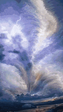 a painting of a tornado in the sky with a mountain in the background