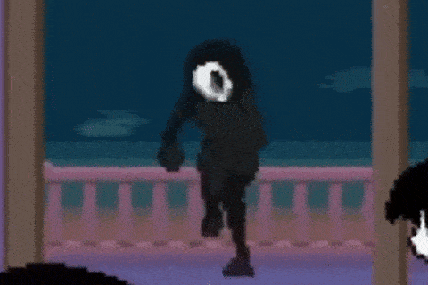 a pixel art drawing of a person standing on a balcony with a large eye .