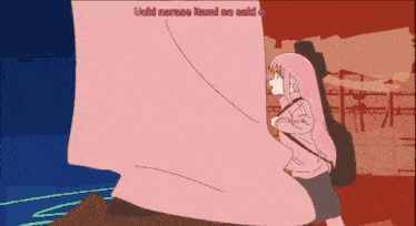 a girl with pink hair is standing in front of a wall with the words ushi narase itami no saki written on the bottom