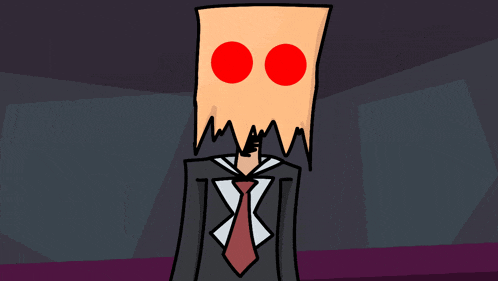 a cartoon character with a paper bag on his head covering his mouth