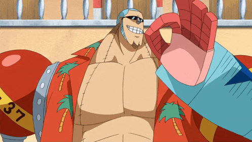 franky from one piece is wearing sunglasses and a shirt with palm trees